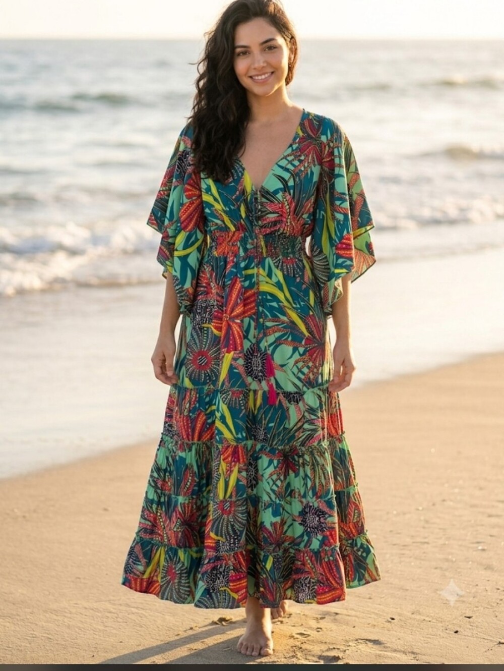 Boemo Bohemian Tropical Print Flutter Sleeve Tiered Maxi Dress Size Large
